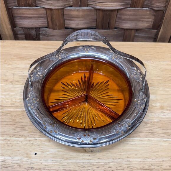 Vintage Farberware Amber Depression Glass Divided Relish Dish w/ Metal Caddy - Picture 2 of 3